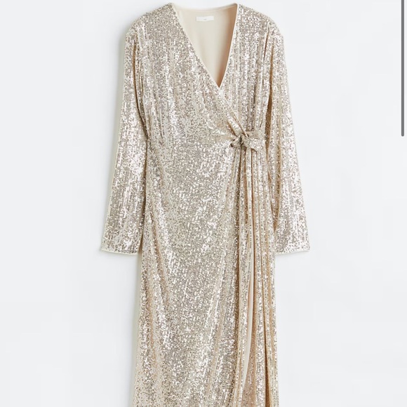 H&M Beige Sequin Wrap Midi Christmas Dinner Party Long Sleeve Dress Small - Picture 3 of 9
